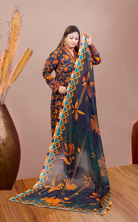 3pcs Deep Navy With Vivid Orange And Red Floral Print