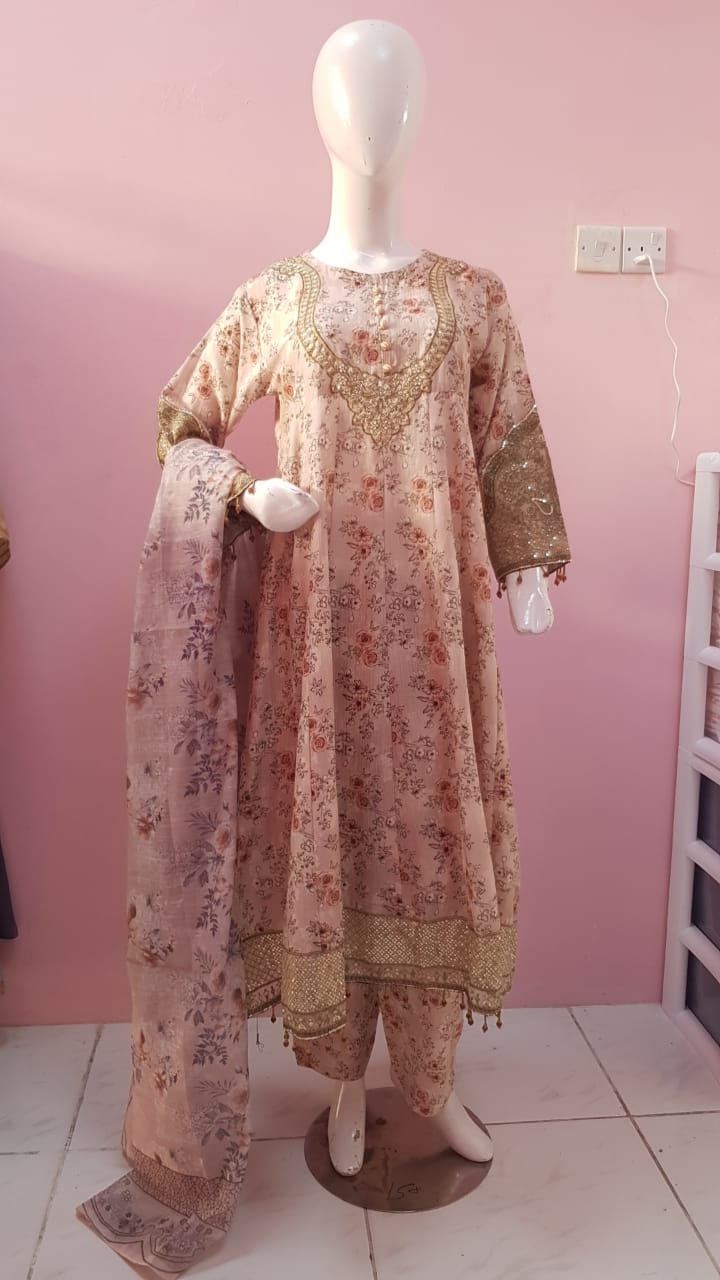 3pcs Suit in Soft peachy-pink base with floral print in shades of rose, beige, and brown