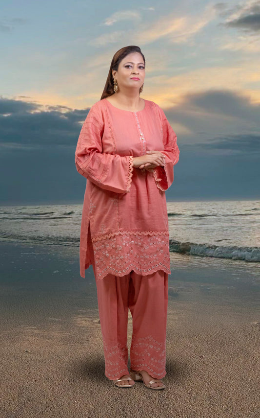 3pcs Warm Salmon Pink Embroidered Outfit