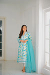 Blue Floral Lawn Suit 3 PCs Organza Dupata