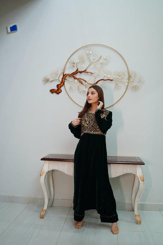 Bottle Green Velvet Suit 2 PCs