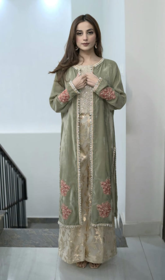 Green Velvet Gown Suit 3 PCs