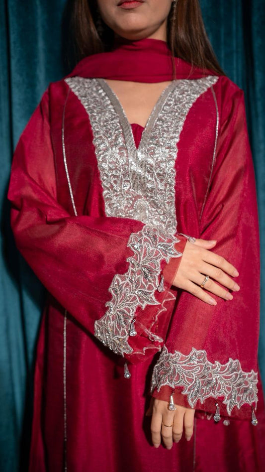 Magenta Tillasuit 3 PCs Embroided Woven Net