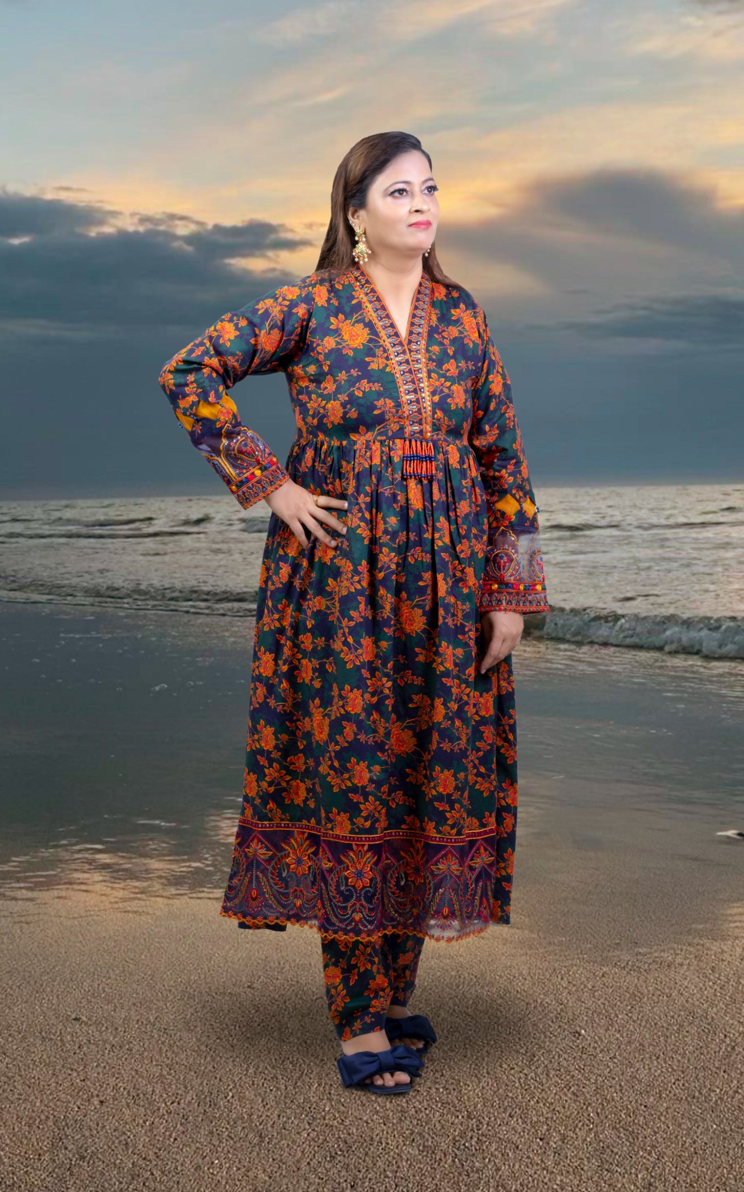 3pcs Deep Navy With Vivid Orange And Red Floral Print