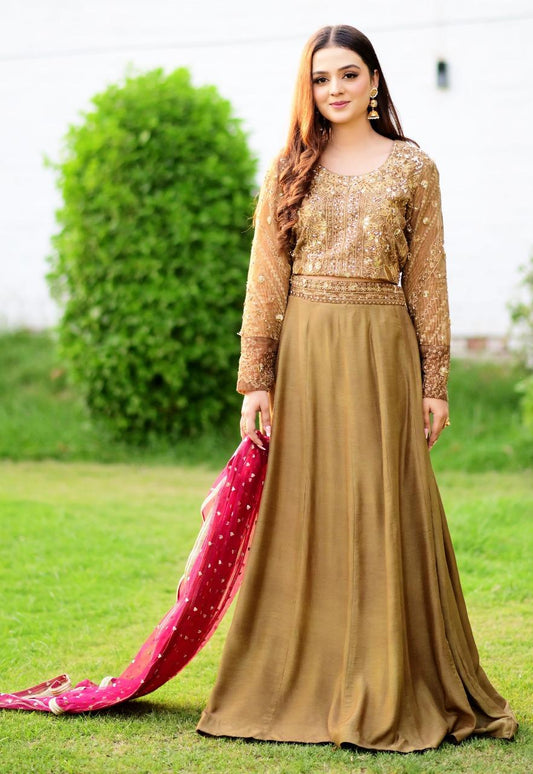 Olive Brown Choli Ghagra 4 PCs