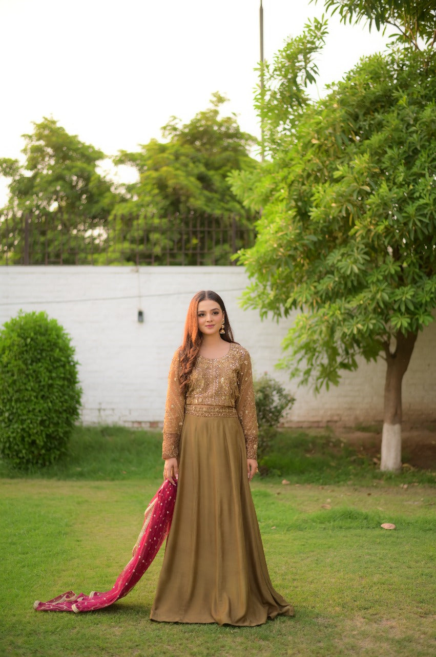 Olive Brown Choli Ghagra 4 PCs