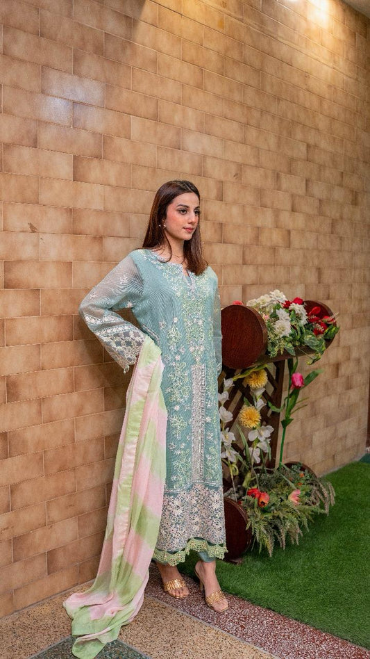 Sage Green Embroided Woven Net 3 PCs