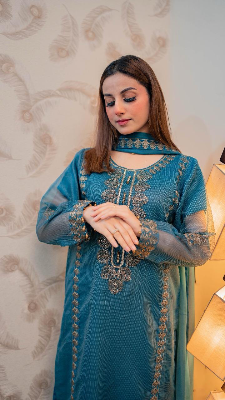 Teal Blue Embroided Woven Net 3 PCs
