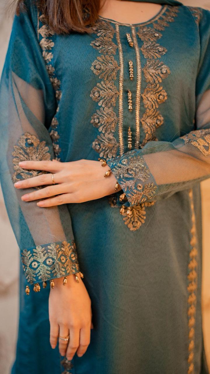 Teal Blue Embroided Woven Net 3 PCs