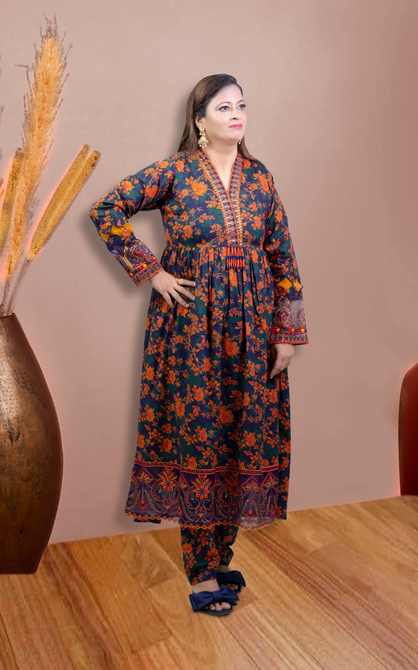 3pcs Deep Navy With Vivid Orange And Red Floral Print