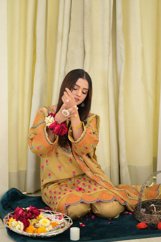 Mustard 4PCs Embroidered Long Shirt