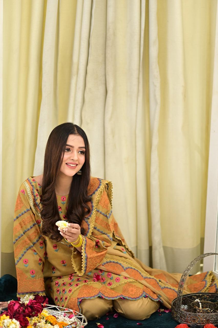 Mustard 4PCs Embroidered Long Shirt