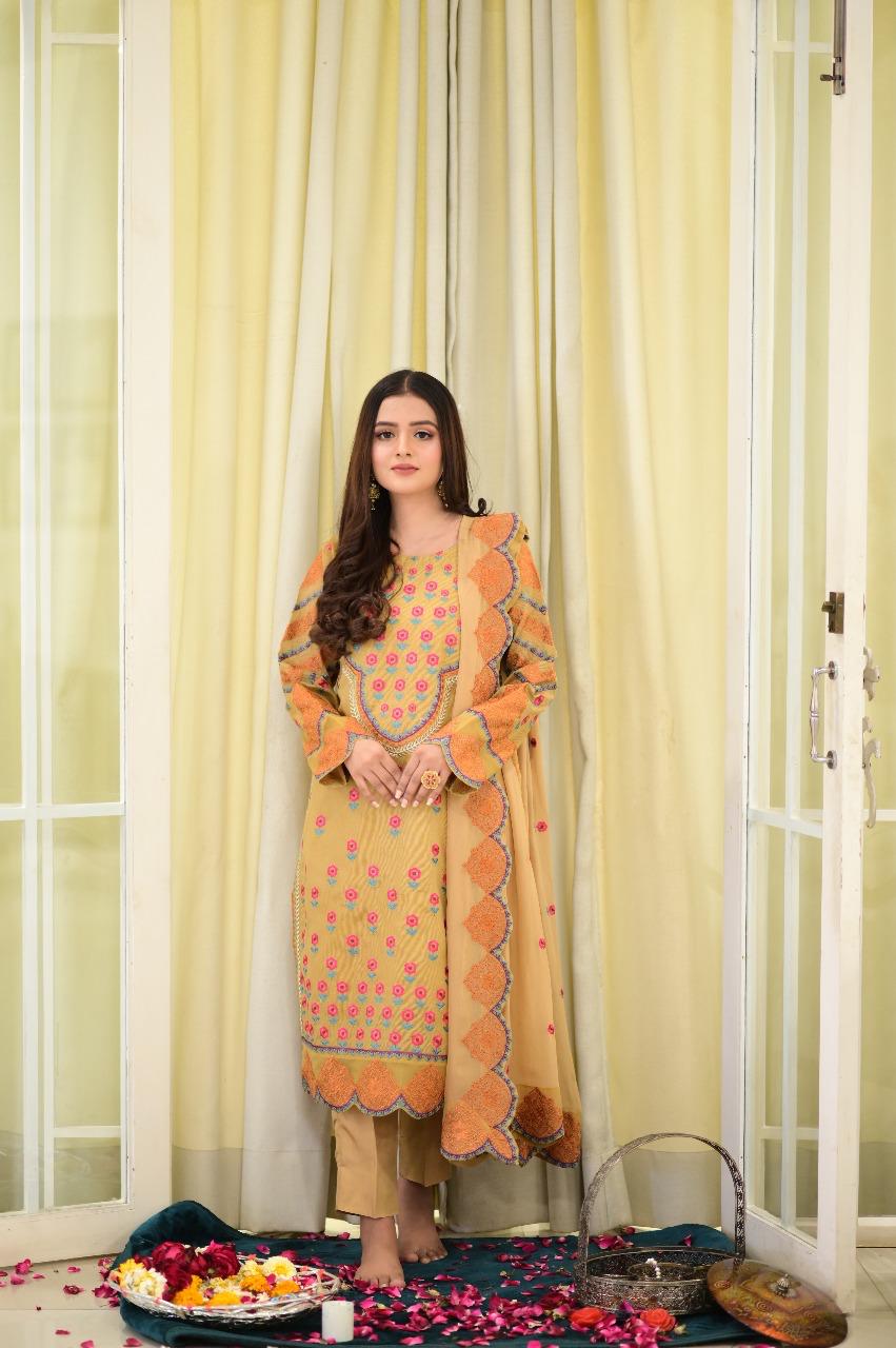 Mustard 4PCs Embroidered Long Shirt