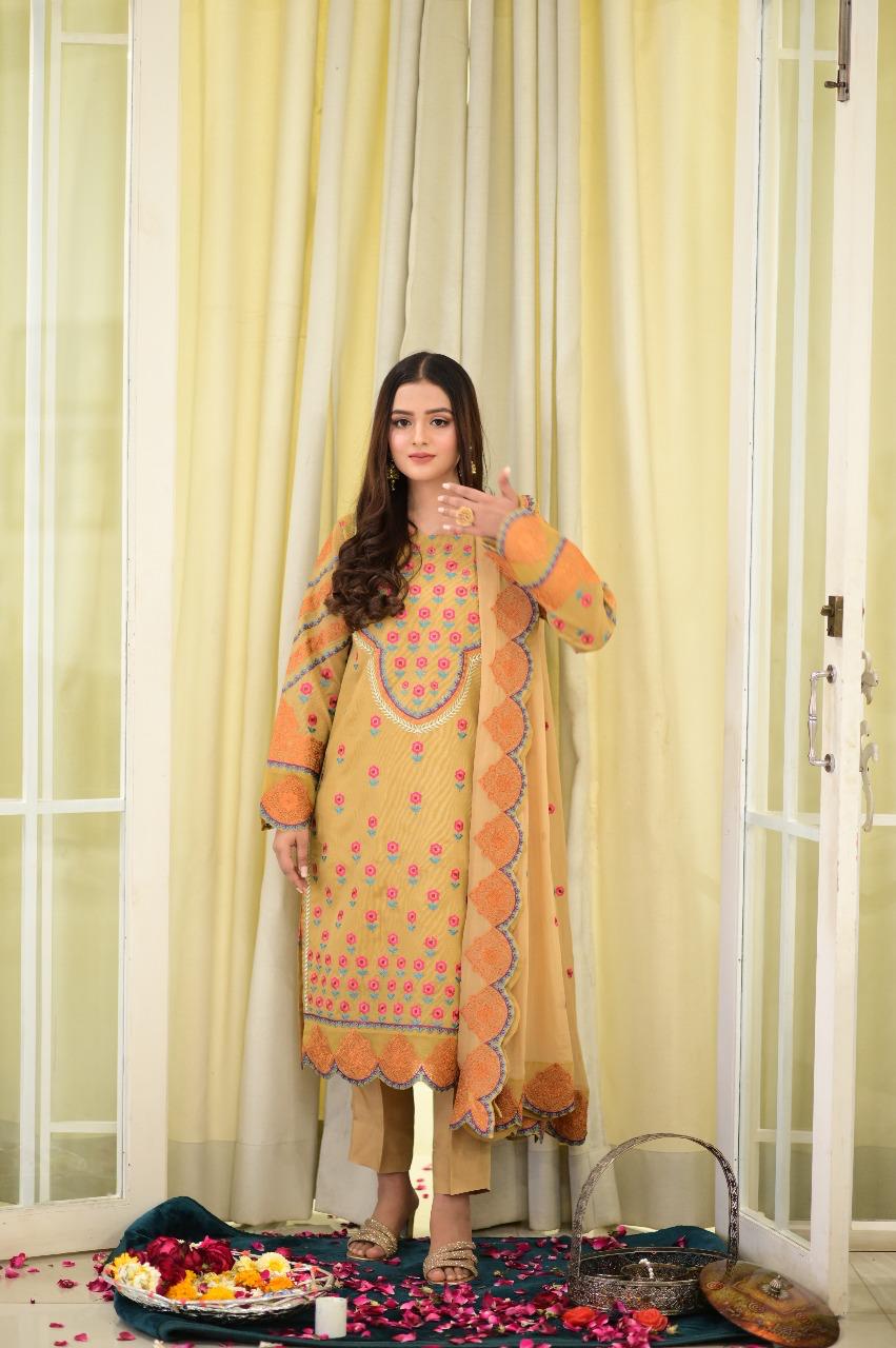 Mustard 4PCs Embroidered Short Shirt