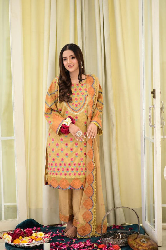 Mustard 4PCs Embroidered Short Shirt