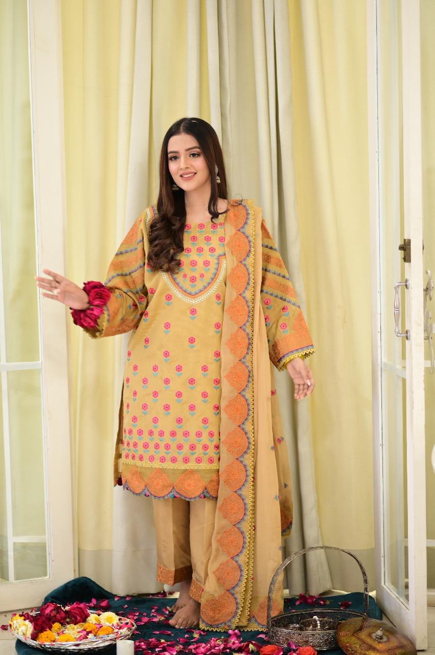 Mustard 4PCs Embroidered Short Shirt