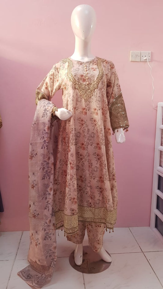 3pcs Suit in Soft peachy-pink base with floral print in shades of rose, beige, and brown