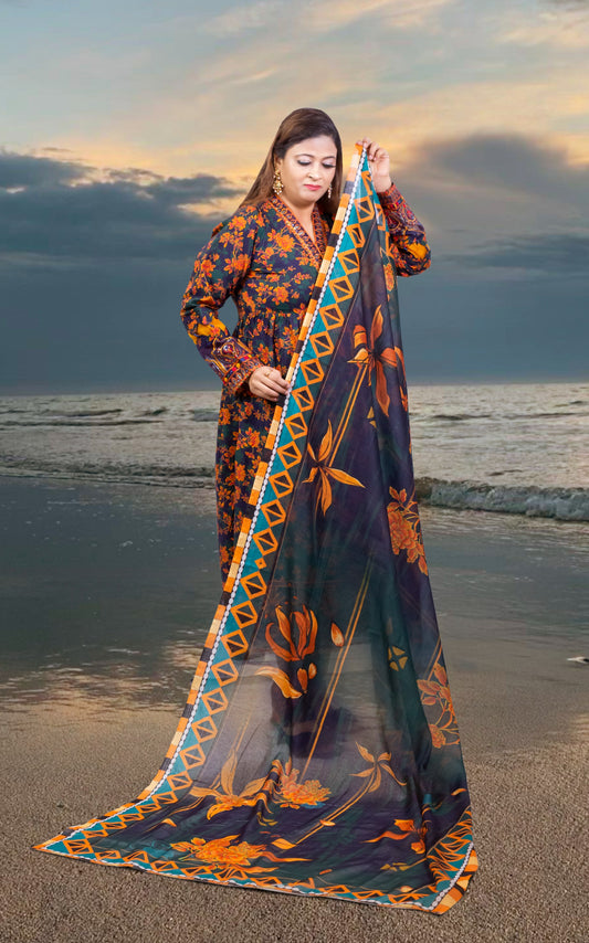 3pcs Deep Navy With Vivid Orange And Red Floral Print