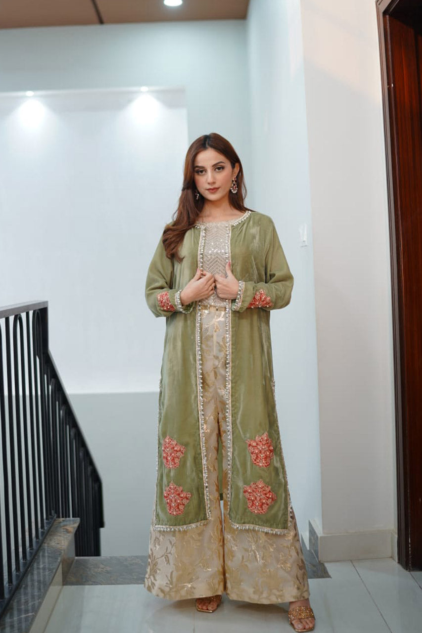 Green Velvet Gown Suit 3 PCs