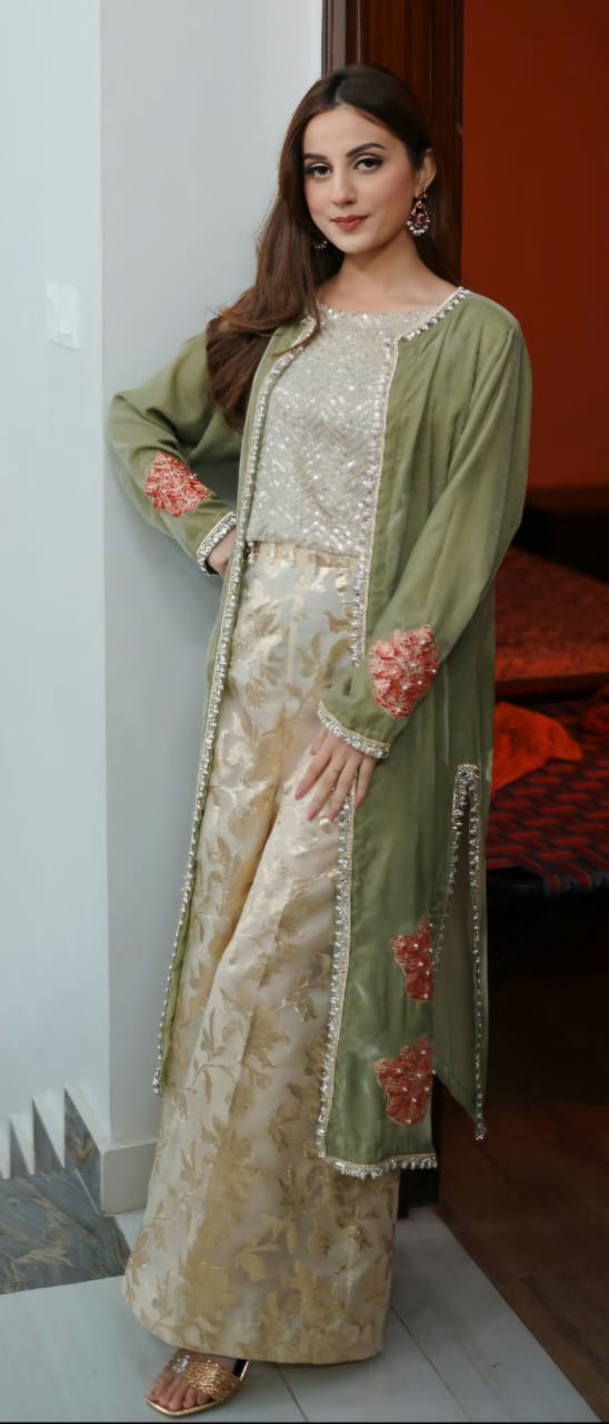 Green Velvet Gown Suit 3 PCs