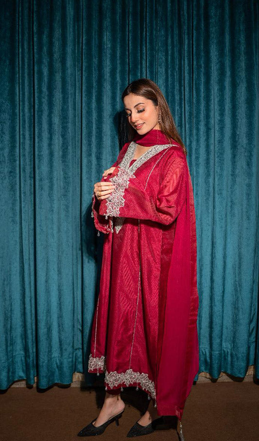 Magenta Tillasuit 3 PCs Embroided Woven Net