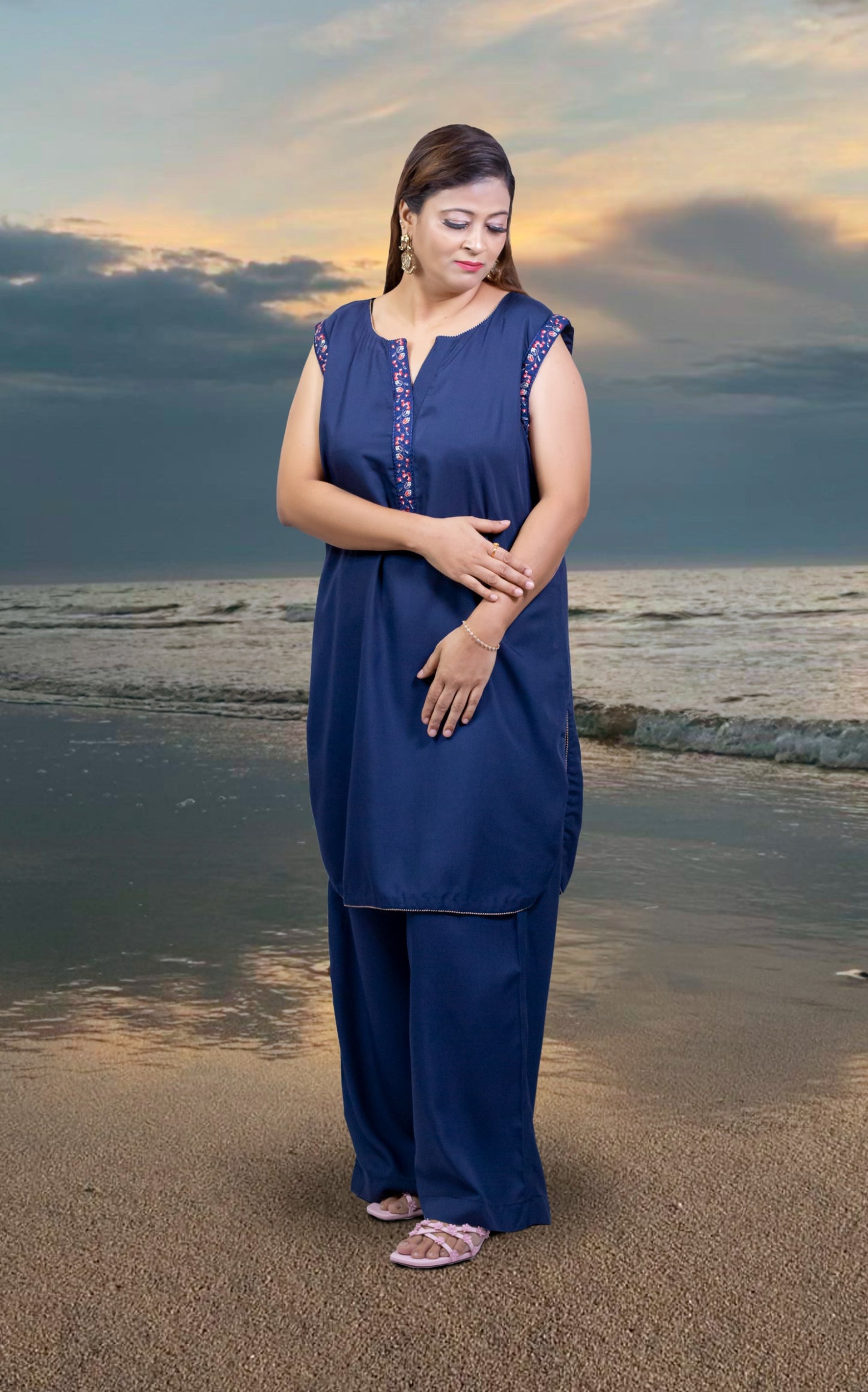 2pcs Navy Blue Linen Suit