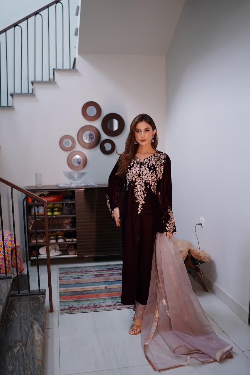 Magenta Velvet Suit 3 PCs + Organza Dupatta