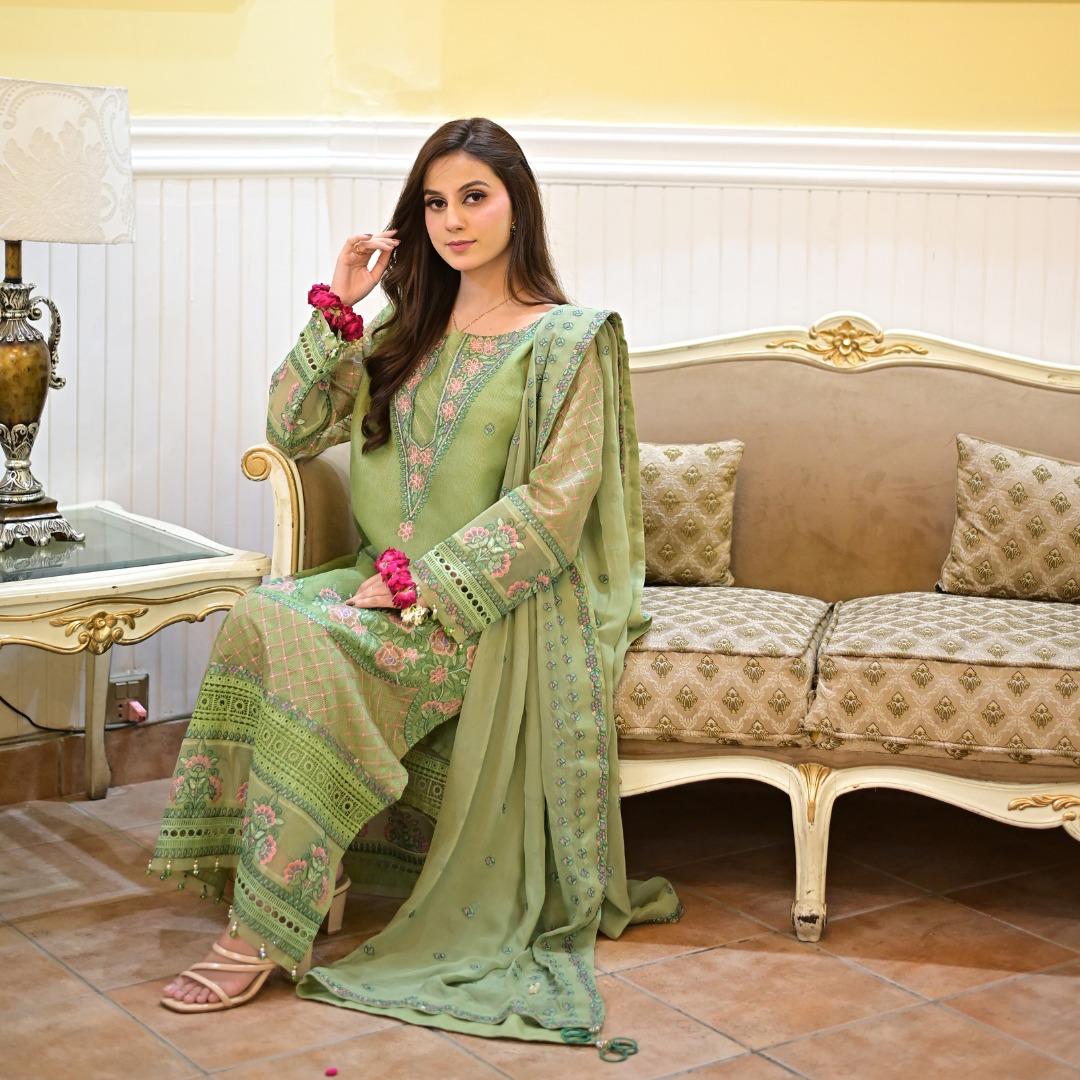 4 PCs Pistachio Green Embroidered Suit