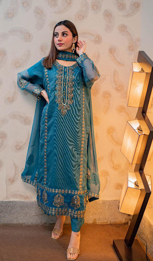 Teal Blue Embroided Woven Net 3 PCs