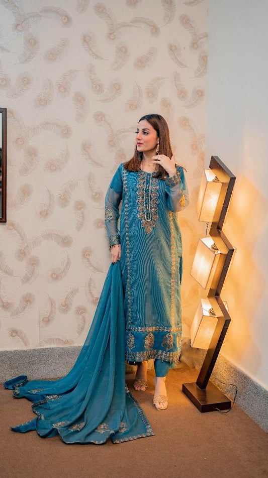 Teal Blue Embroided Woven Net 3 PCs