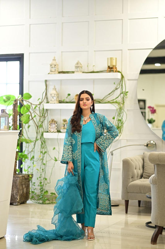 Turquoise Embroidered Suit  4 PCs