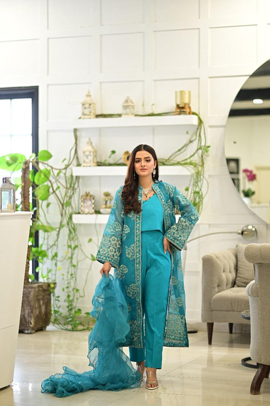 Turquoise Embroidered Suit  4 PCs