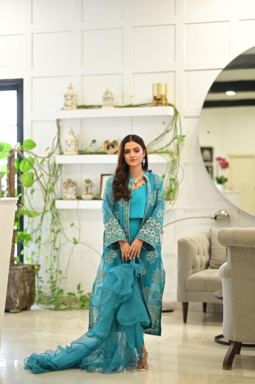 Turquoise Embroidered Suit  4 PCs