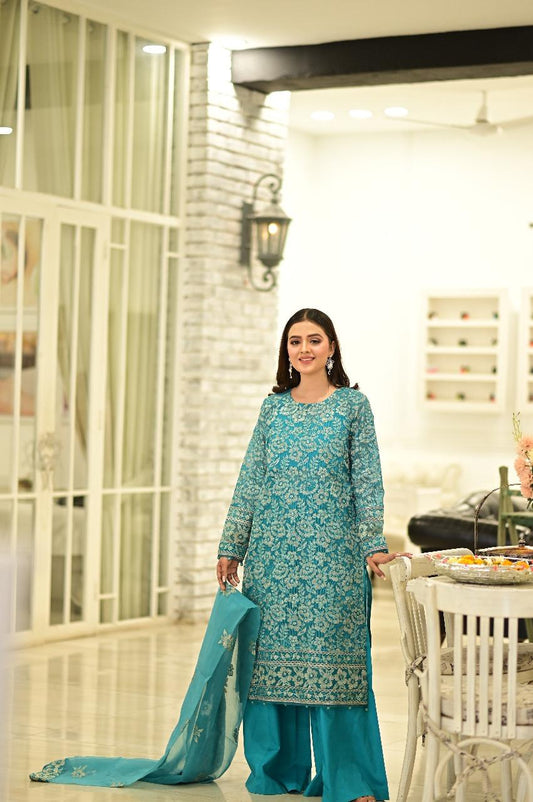Turquoise Embroidered Suit  4 PCs