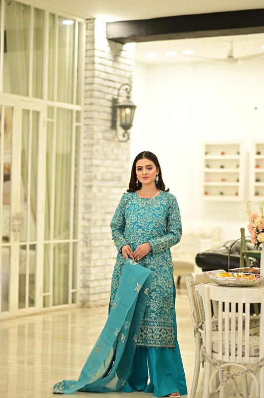 Turquoise Embroidered Suit  4 PCs