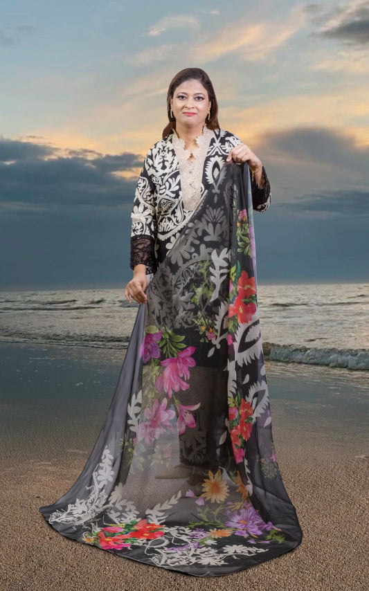 3Pc Embroidered Suit In Black And cream
