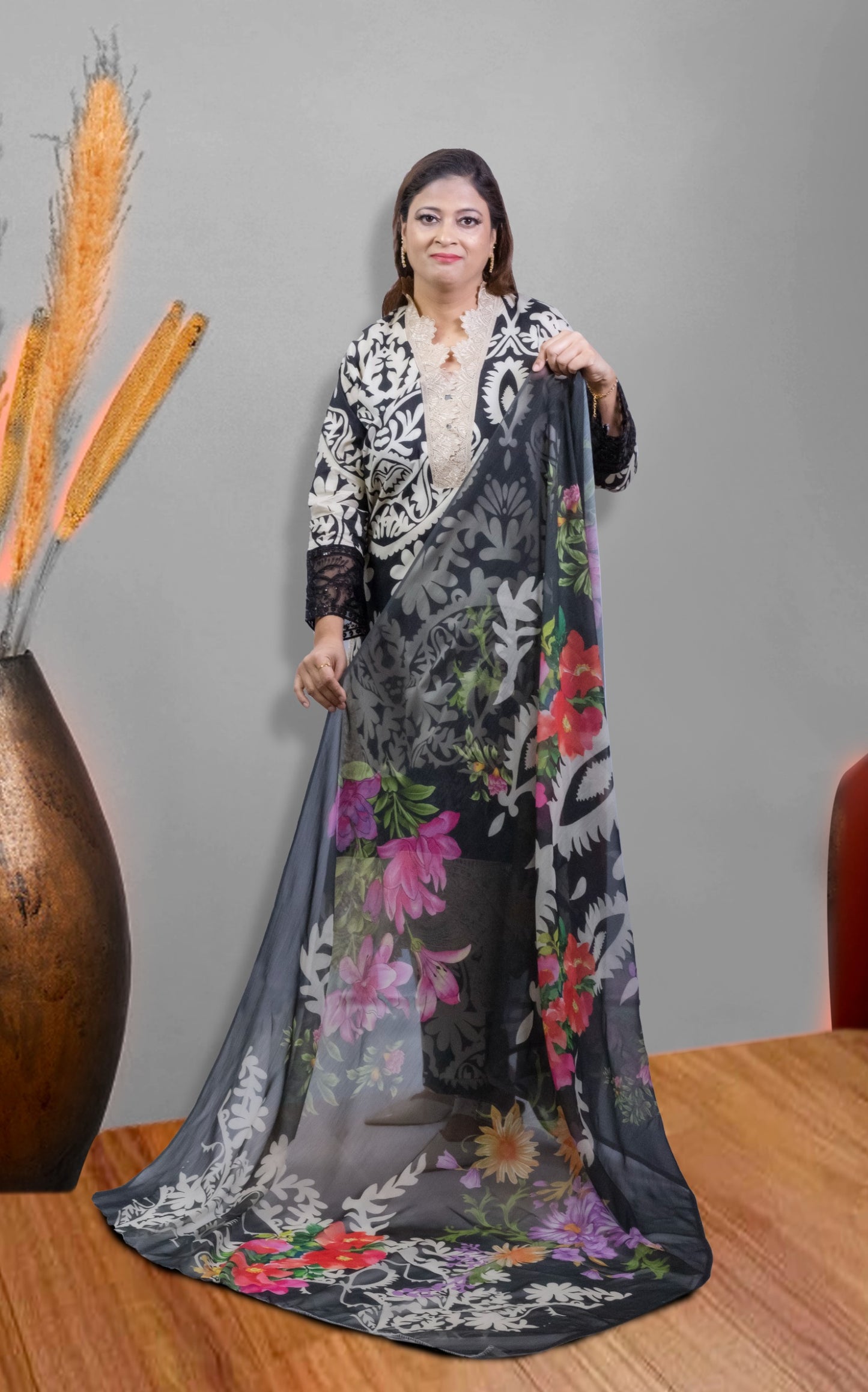 3Pc Embroidered Suit In Black And cream