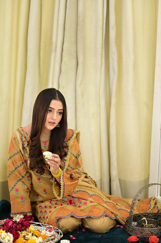 Mustard 4PCs Embroidered Long Shirt