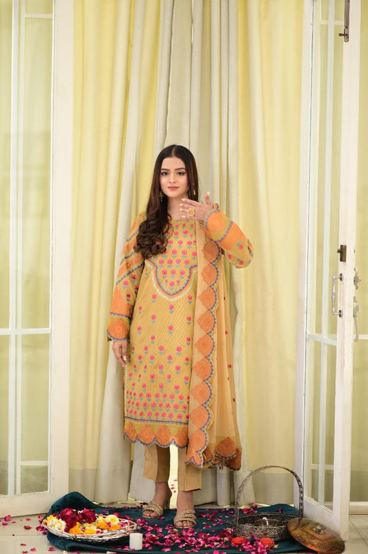 Mustard 4PCs Embroidered  Short Shirt 